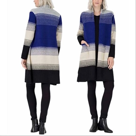 MaxSport Western Colorblock Long Cardigan Sweater Gray Blue Cream Black Large - Picture 2 of 12